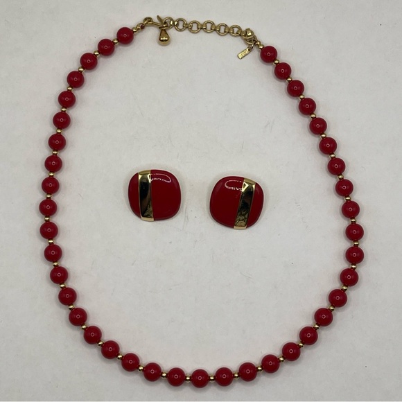 Monet Other - Vintage Monet Set of Beaded Necklace & Square Earrings Red & GoldTone 18 in